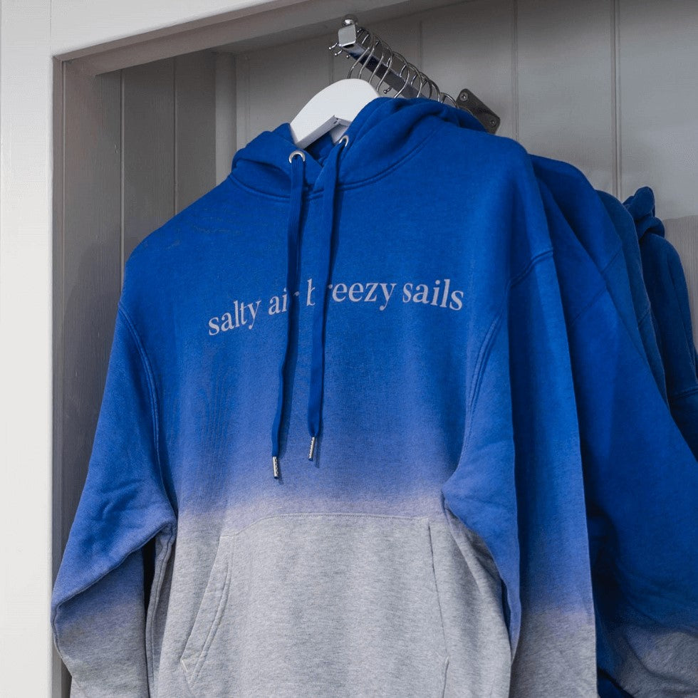 Blue and Grey tie dye pullover hoodie with 'Salty air breezy sails'