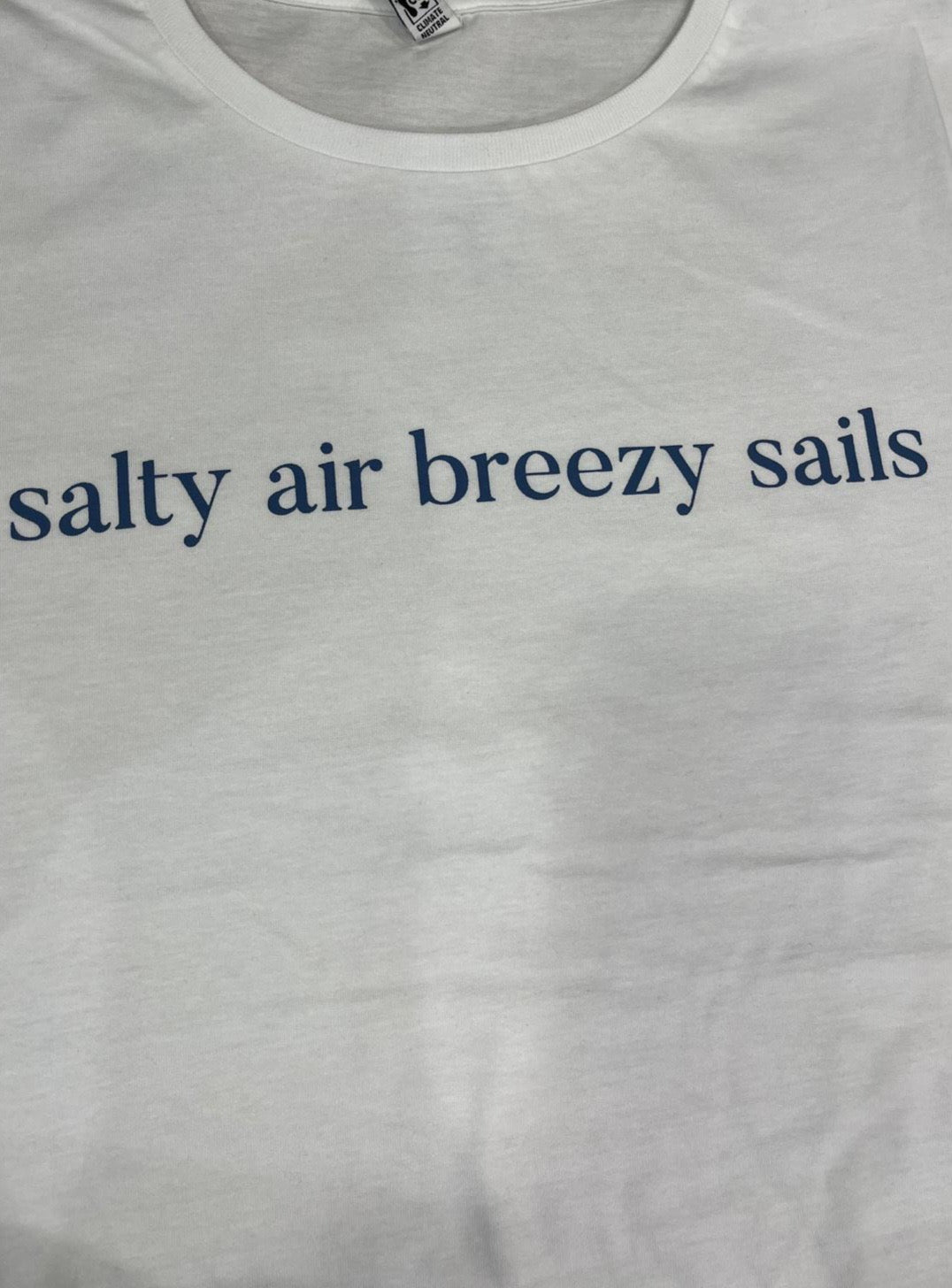 Women’s T Shirt ‘Salty Air Breezy Sails’ - White/Blue