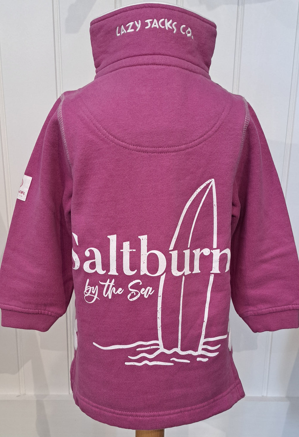 Kids Lazy Jacks  1/4 Zip Sweat shirt in Raspberry - 'Saltburn Surfboard’