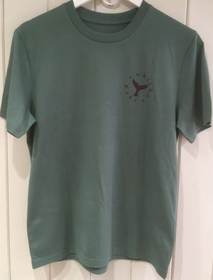 Unisex ‘Rowing Whale’ design T shirt in Mid Green