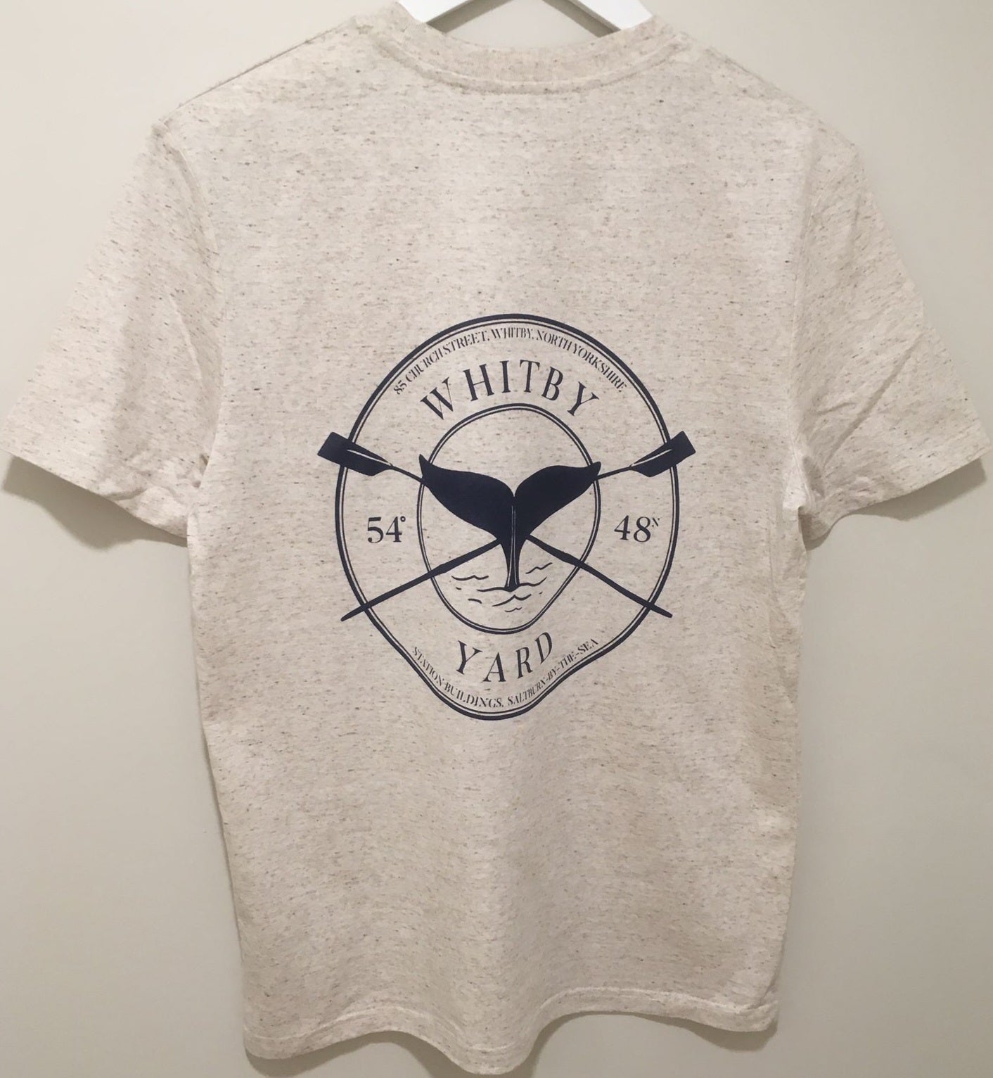 Unisex ‘Rowing Whale’ design T shirt in Oatmeal