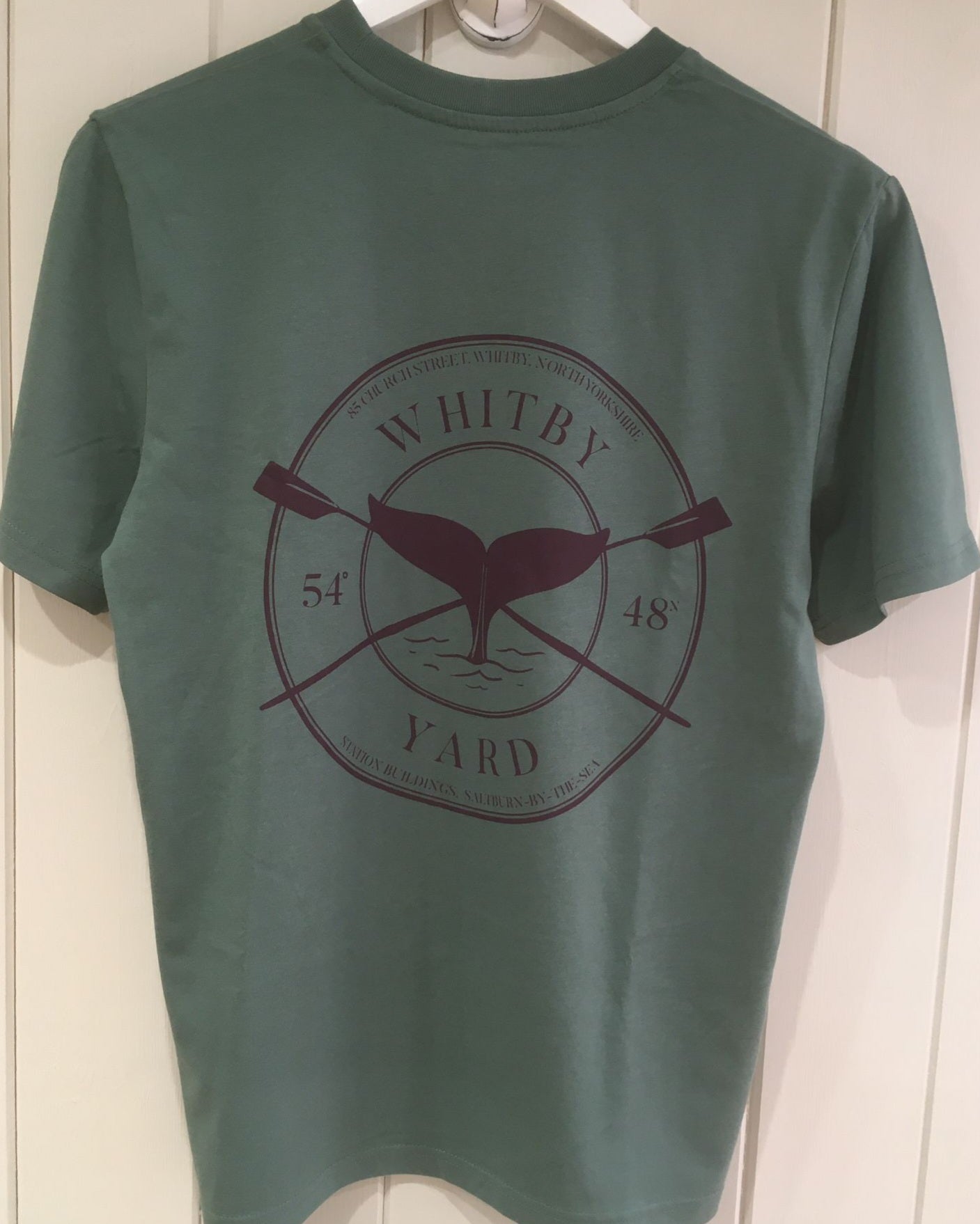 Unisex ‘Rowing Whale’ design T shirt in Mid Green