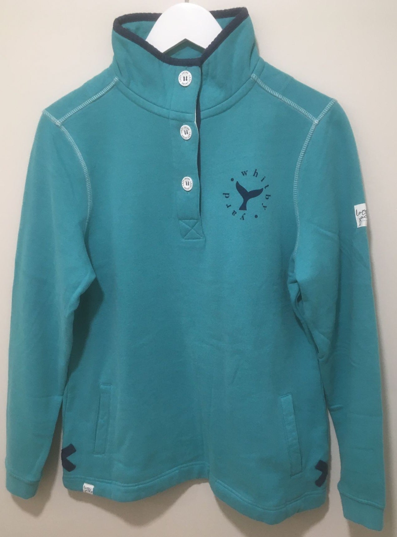 Womens Button Neck Sweatshirt - 'Whitby Yard Whale Tail Design' - Aquarius