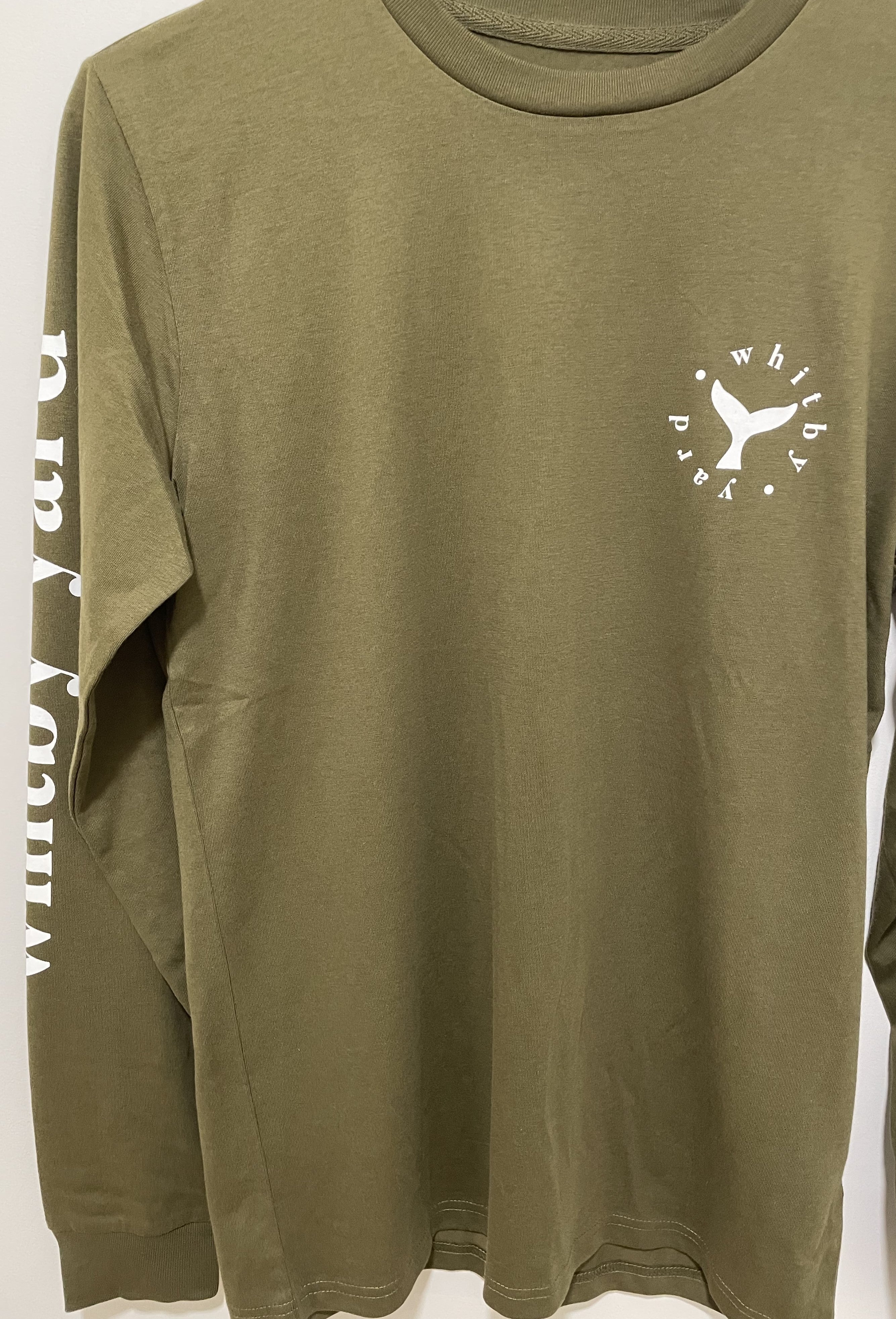 Unisex long sleeved T shirt in Khaki with Whitby Yard on the sleeve