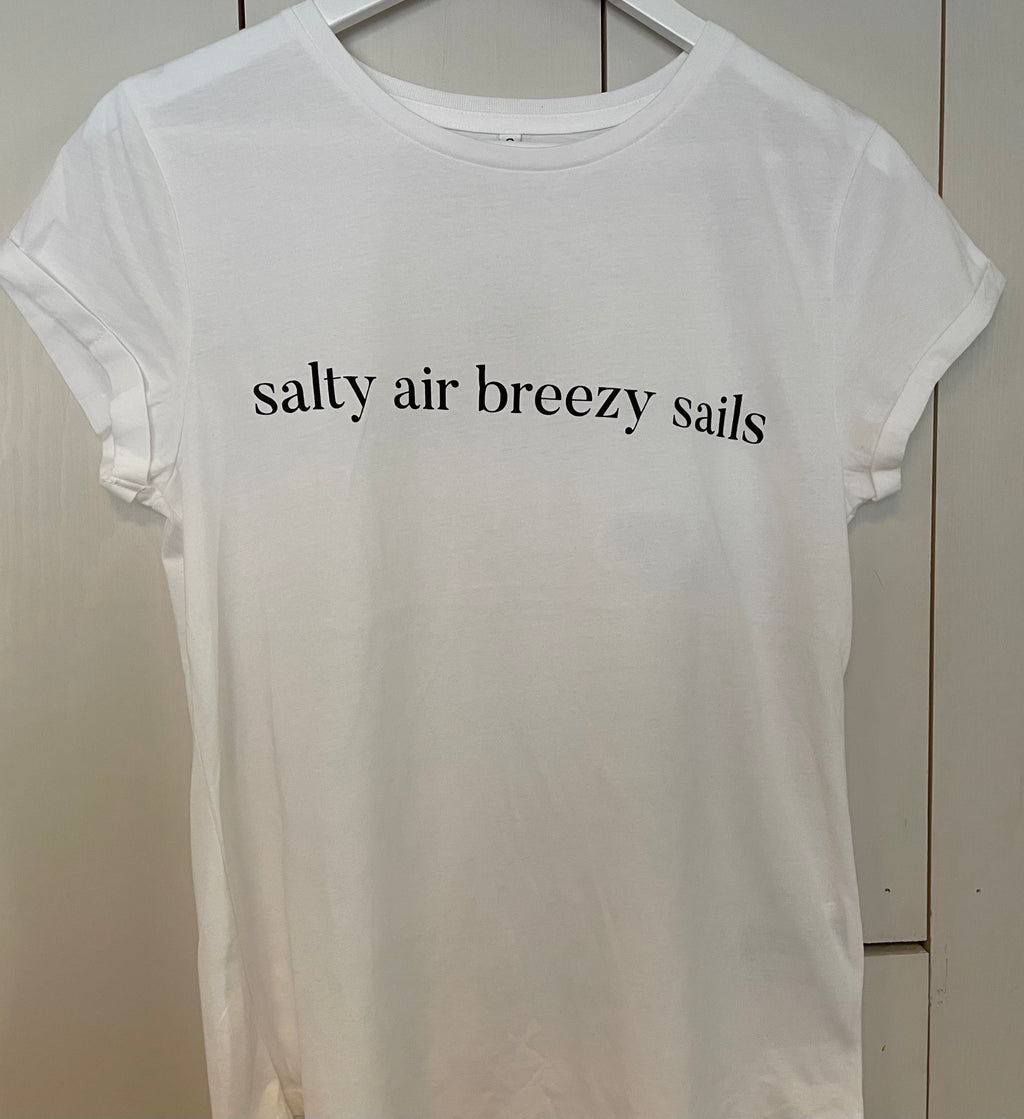 Women's 'salty air breezy sails' T shirt in white